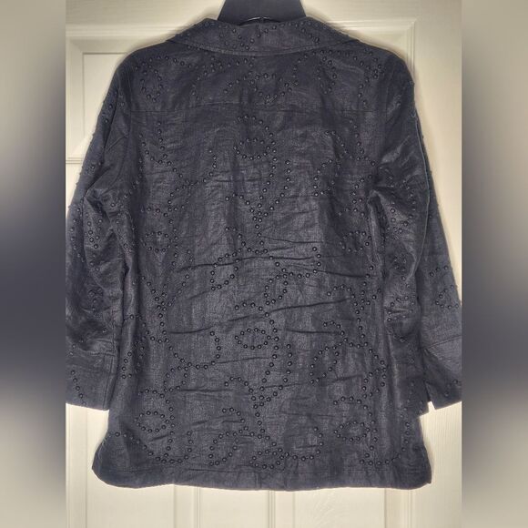 Jones New York Signature M Black 100% LINEN 3/4Slv ButtonUp Textured Women Shirt - Picture 10 of 10